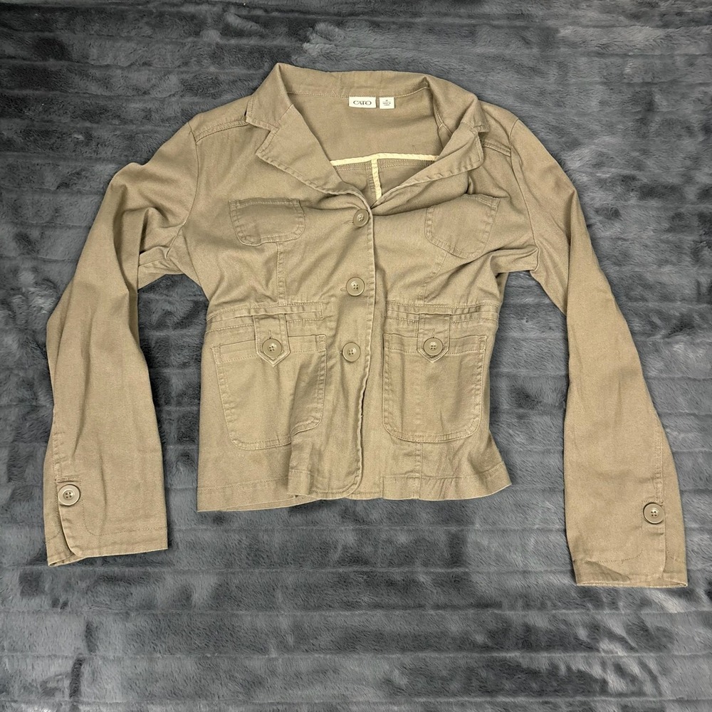 Cato Women Tan Khaki Utility Safari Jacket Button Front Cotton Blend Size M